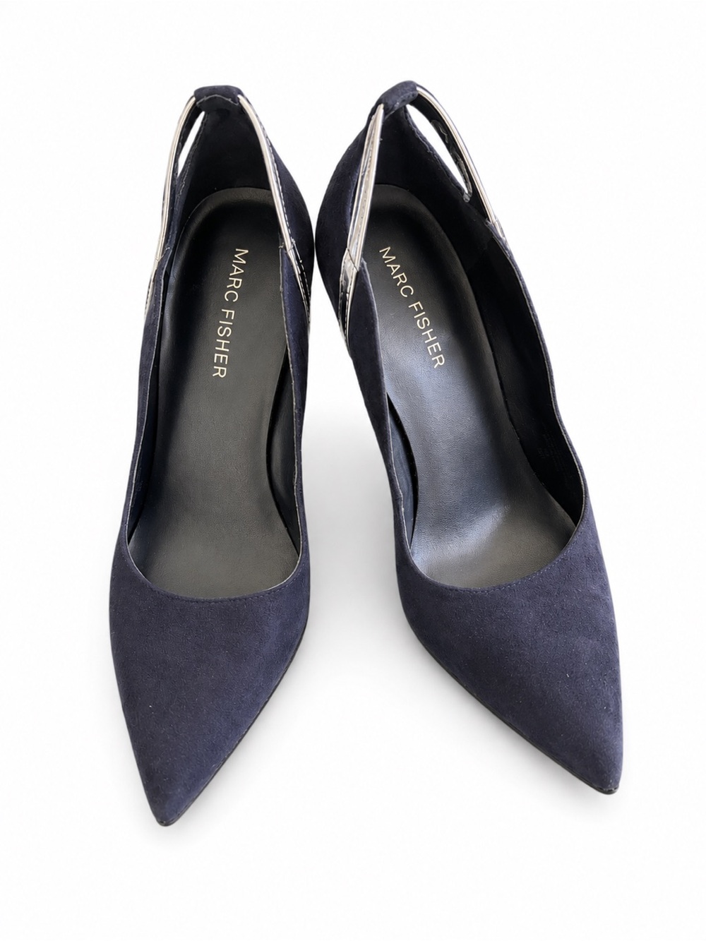 Marc Fisher Navy Suede Pointed Toe High Heel Pumps Silver Trim Size 6M